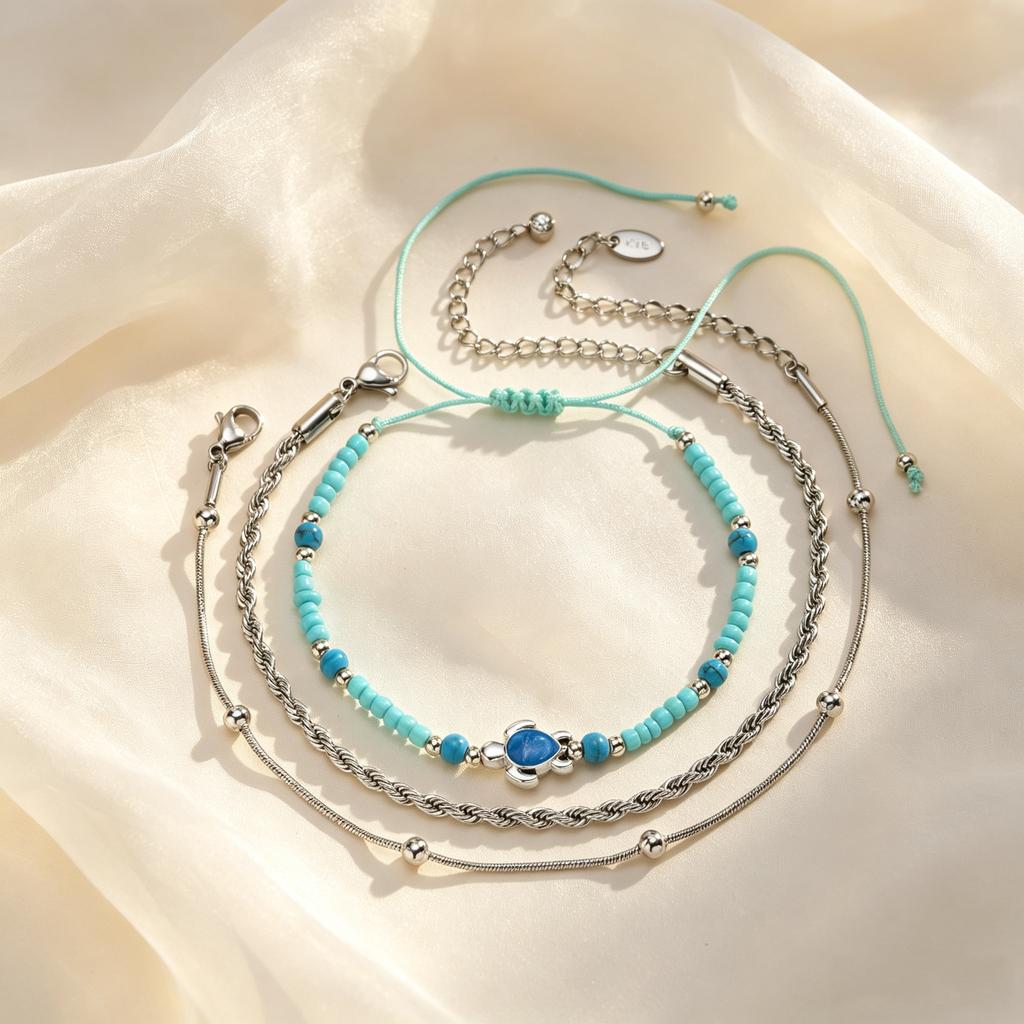 Set di cavigliere con catena blu e perline a forma di tartaruga marina stile Boho per donna, Cavigliera in acciaio inossidabile color argento, Gioielli alla moda per il piede
