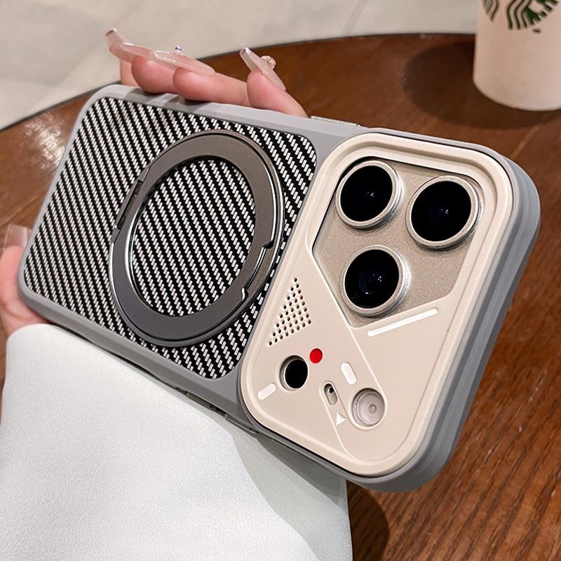 Business Carbon Fiber 360 Magnetic Stand Holder Case for iPhone 17 Air 16 14 15 Plus 13 12 11 Pro Max For Magsafe Slim Mat Cover