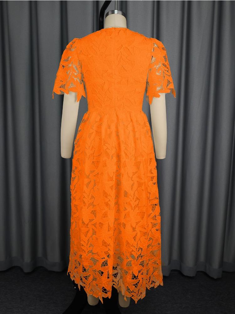 Elegant Orange Lace Dress with Irregular Hem and Hollow Out Design for Wedding Guest or Bridal Shower