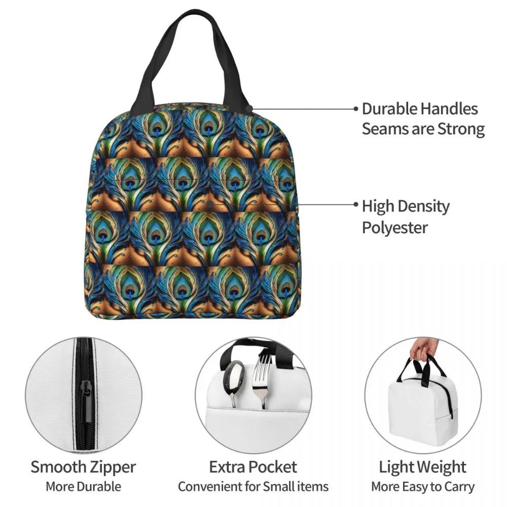 Colorful Peacock Feather Insulated Lunch Bag for Women Kids Portable Food Boxes Thermal Lunch Box Tote