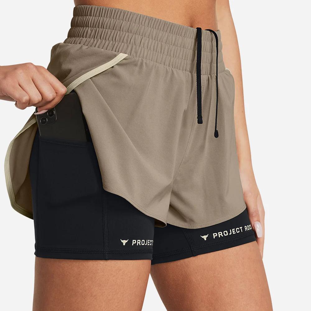 Under Armour Project Rock Color Block Elastic Waist Woven Training Two-In-One Shorts Women Shorts Khaki 1380188-203