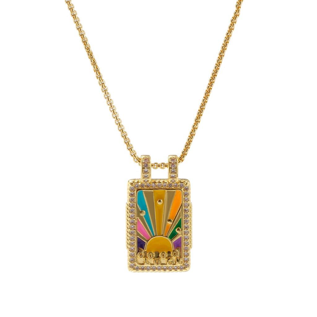 1pc Enamel Heart Pendant Necklace 18K Gold Plated Multicolor Brass Link Cable Chain Rectangle Charm Necklace 45cm + 5cm Long