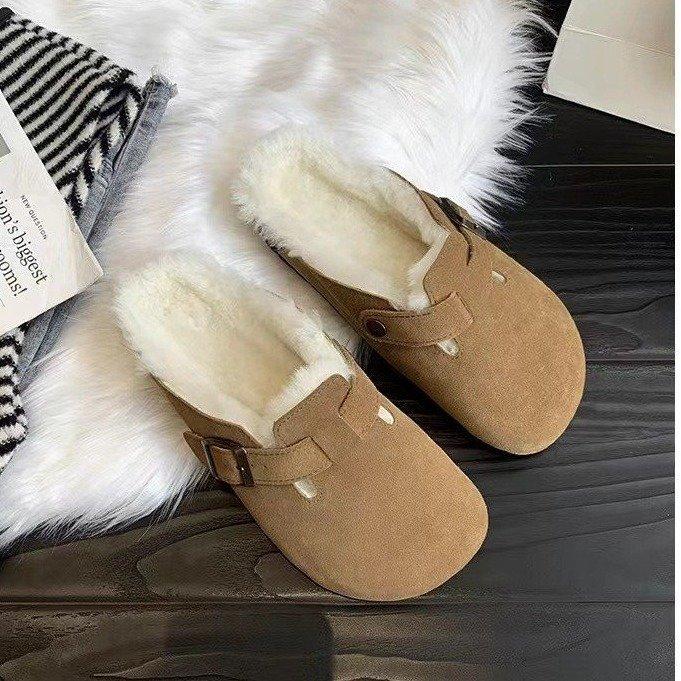 Retro Spring Women Suede Round Toe Slippers Outdoor Casual Fur Inside Warm Autumn Winter Flat Hees Sandals Woman Plush