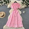 Elegant Summer Midi Dress for Women O-Neck High Waist Solid Spliced Lace with Embroidered Flowers Long Dress New Fashion