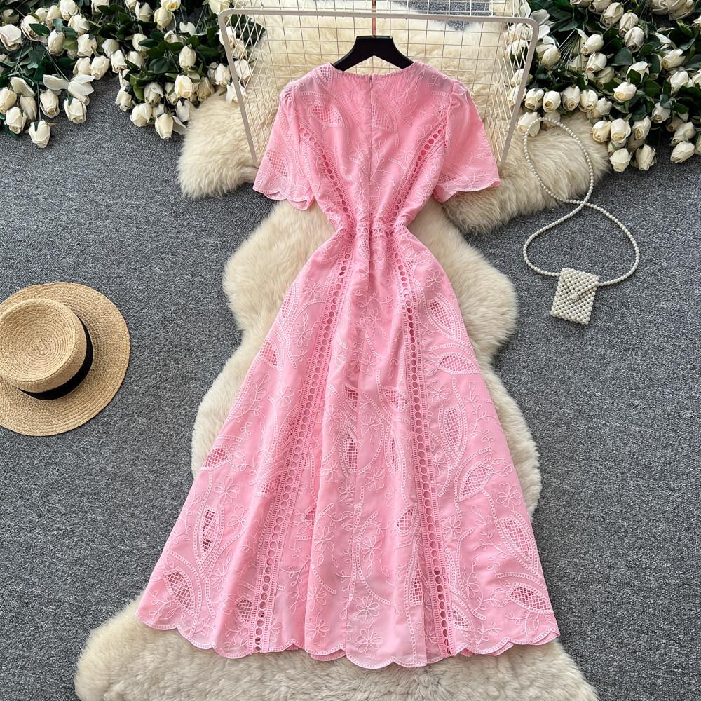 Elegant Summer Midi Dress for Women O-Neck High Waist Solid Spliced Lace with Embroidered Flowers Long Dress New Fashion
