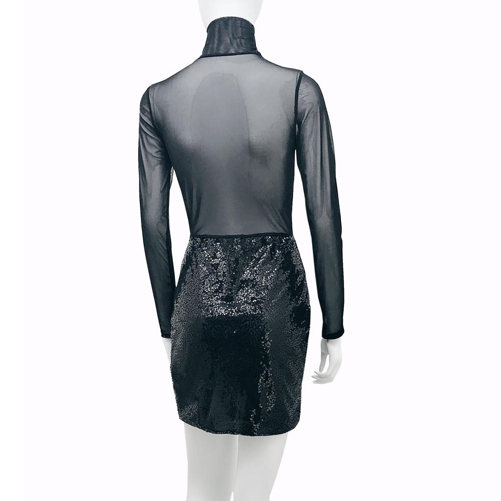 Damenmode Mesh Party Clubwear Pailletten Transparentes Sexy Rollkragenkleid