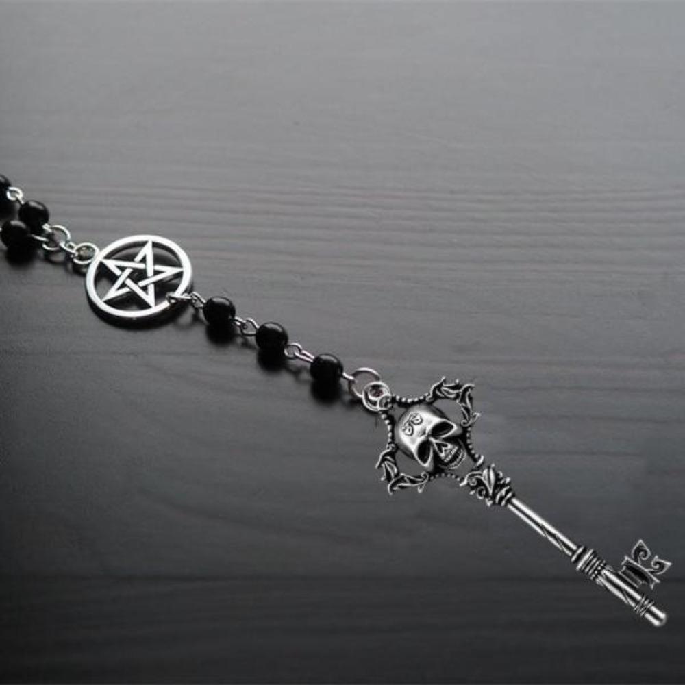 Charm Fashion Sliver Color Skull Key Five-pointed Star Pendant Y-shaped Black Bead Chain Necklace for Men  Women Hip-hop Jewelry