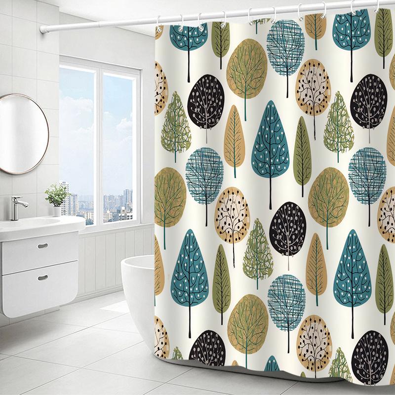Elegante Tenda da Doccia con Motivo ad Albero, Blu/Verde/Beige/Nero, Lavabile in Lavatrice, Include Ganci, Decorazione Bagno Multifunzionale