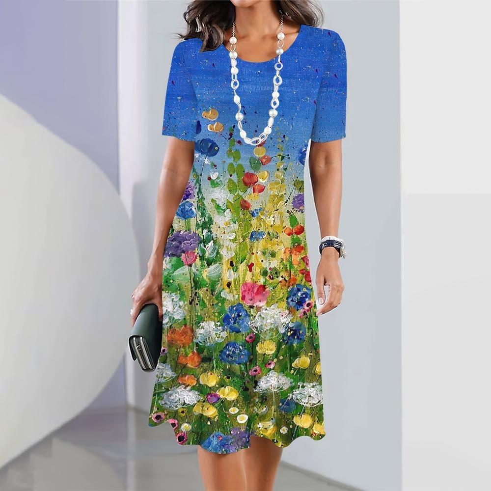 2026 Summer New Fashion Floral Print Short-sleeved Dress Women's Elegant Casual Dress