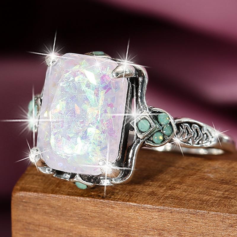 New Square White Opal Ancient Silver Ring European and American Bride Ladies Wedding Hand Jewelry