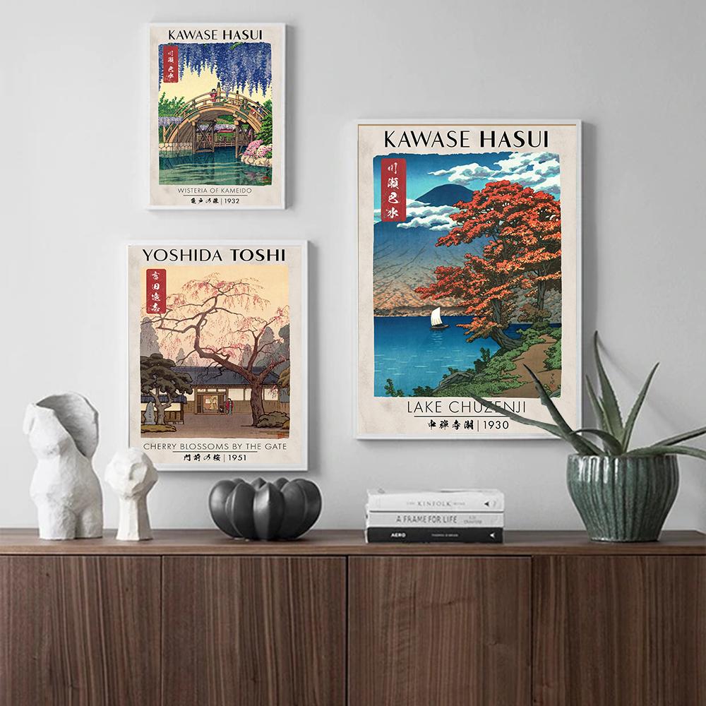 Japanischer Holzschnitt-Stempel, 3er-Set, Posterdrucke, Ausstellung, Gartenwand, Leinwandmalerei, Retro-Landschaft, Heimdekoration, kein Rahmen