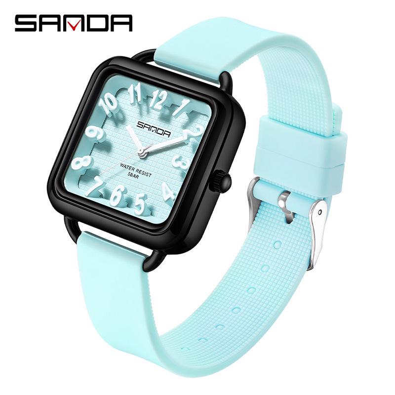 Sanda Fashion 3D Digital Square Watch - Unisex Trendy Korean Style Silicone Student Sports Quartz Watch
