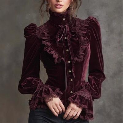 Burgundy Velvet High Neck Blouse with Bow and Lace Details