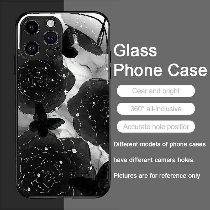 Luxury Black Rose Flower Graphic Tempered Glass Phone Case for IPhone 16 Pro Max 15 14 13 12 Mini 11 XS XR 7 8 Plus Hard Covers