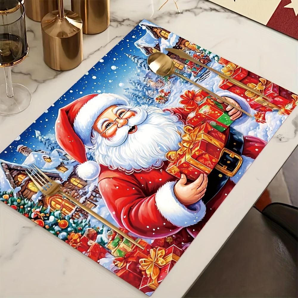 4pcs Linen Placemats, Santa Claus Gift Placemats 12x18 Inches, Suitable for Home Kitchen Dining Table Decoration, Holiday Party Scene Decor, Home