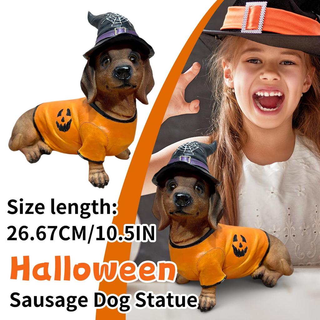 Halloween Dachshund Witch Hat Pumpkin Costume Dog Statue,Holiday Gifts For Friends