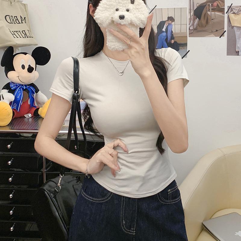 Women Solid Color Slim Fit Short Sleeve Crew Neck Casual T Shirt