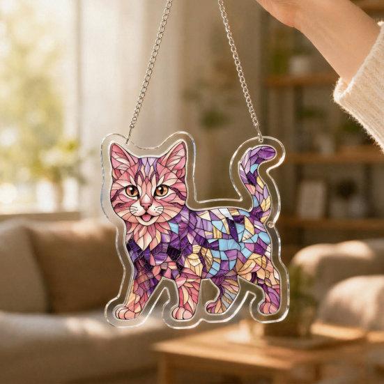 Cat Stained Glass Pendant with Easy Hang Style Suncatcher Acrylic Metal Chain Window