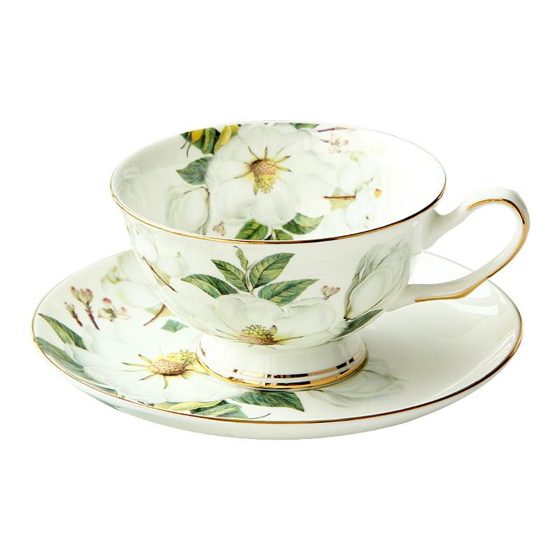 Bone China Cup and Saucer Set 240ml White Camellia Gold Trim with Spoon for Tea