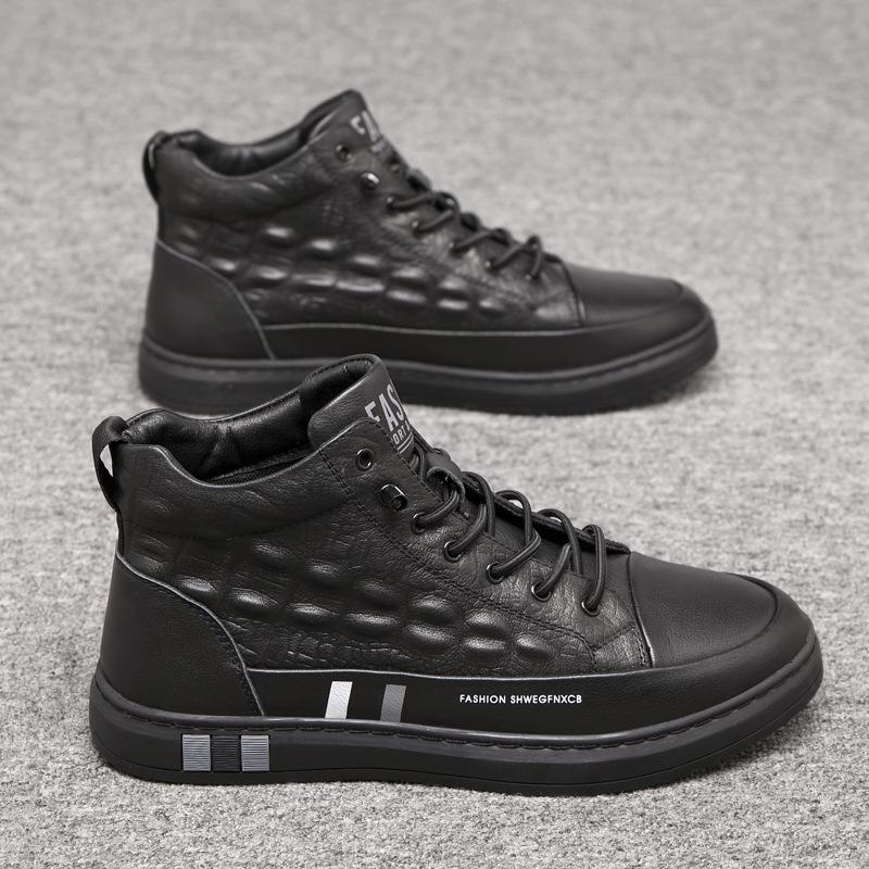 100% Genuine Leather Shoes Men High Top Fashion Flat Brand Black White Casual Shoes Cool Street Style Young Male Footwear Plus Size 48