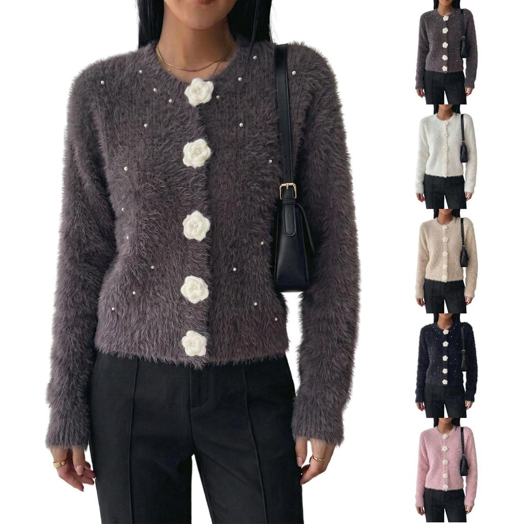 Women's Fashion Knit Cardigan Sweater with Flower Buttons