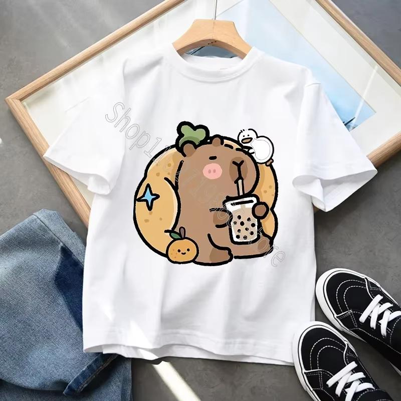 Capybara Cartoon Character Print Tops Cool Comfortable Shirts Birthday Party Gifts Boys Girls Cotton T-shirt Cute Short Sleeves