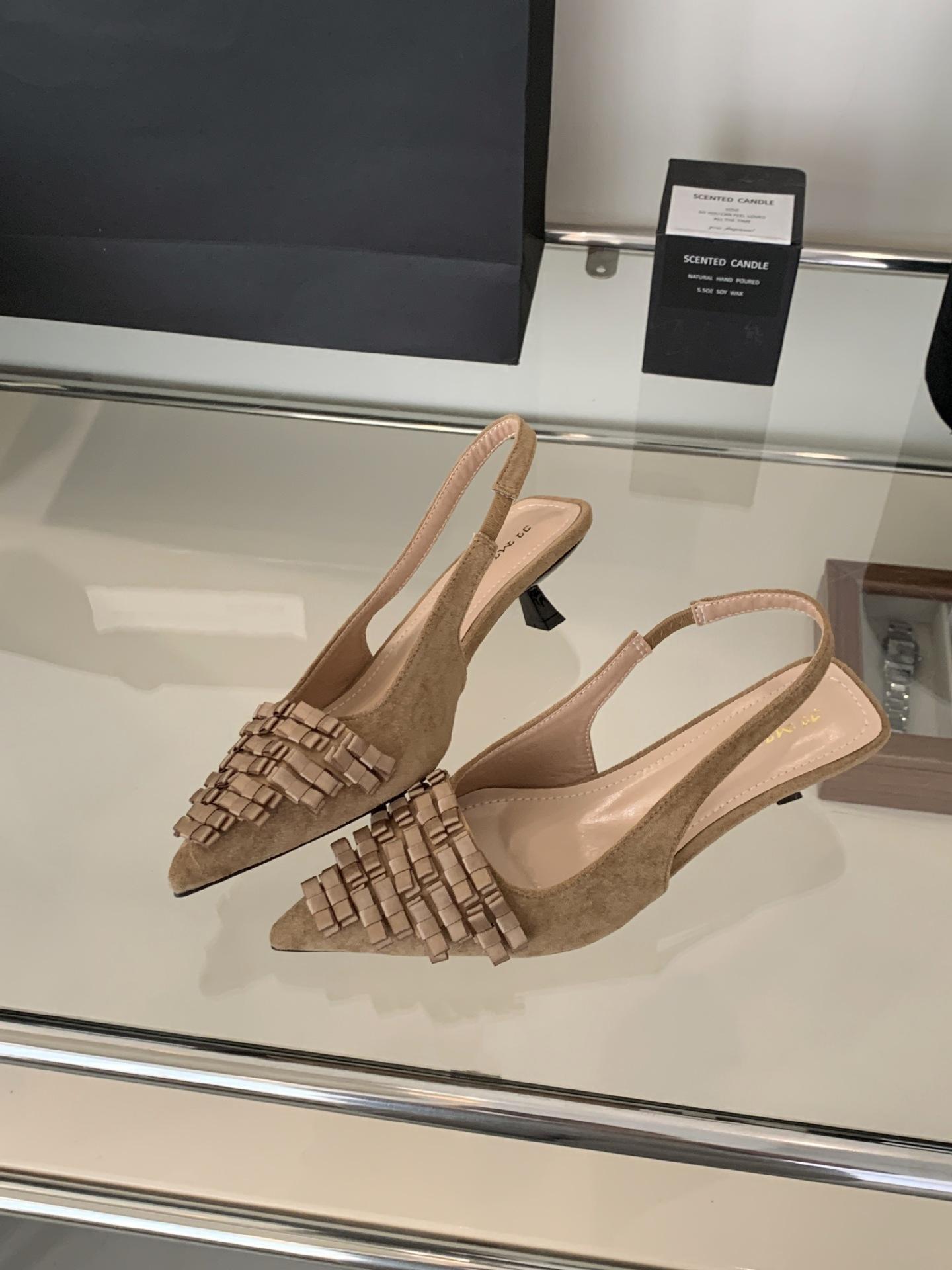 

2025 temperament French high heels suede thin heel light mouth rear strap pointed head bag head sandals women s single shoes 39 хаки