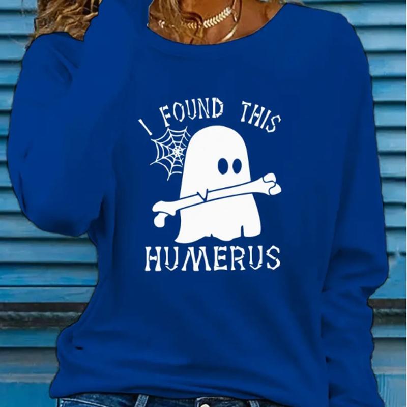 Tops For Women Ghost Hugging Bone Print Round Neck Long Sleeve T-shirt Fall Casual Slim Pullover Women's Long Sleeve Top