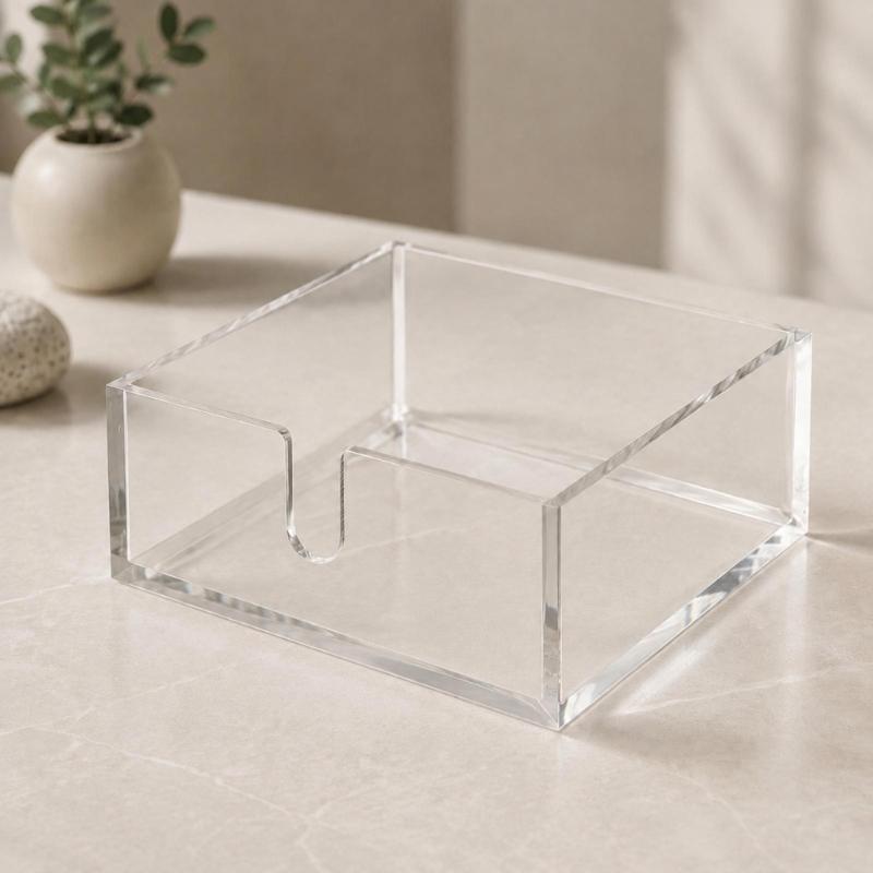 Clear Acrylic Table Napkin Holder for Standard Square Napkins with Visible Storage and Easy Front Access Cutout