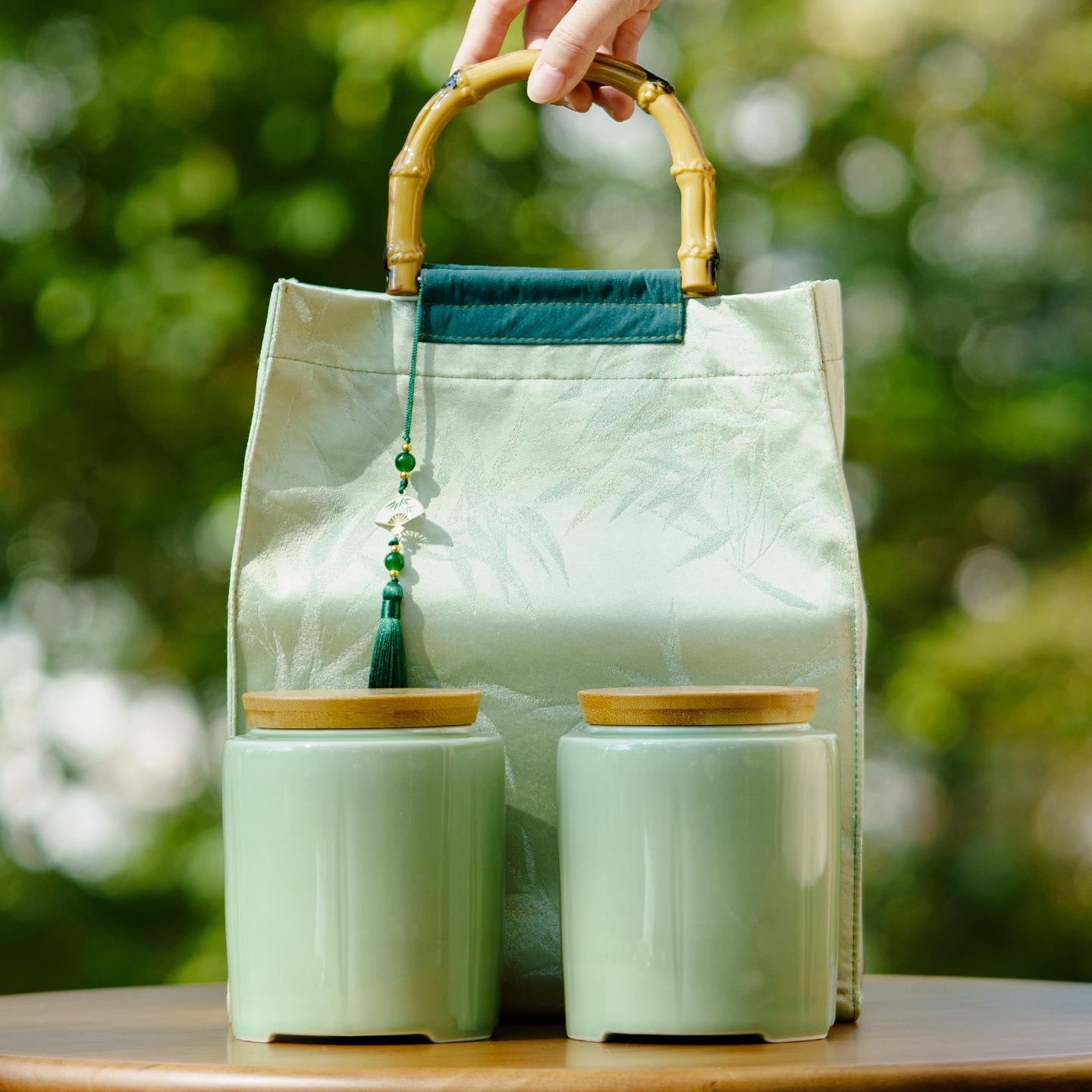 Creative Green Tea Ceramic Canister with Fresh Cloth Bag for Longjing, Maojian, Biluochun, Gyokuro - Empty Gift Packaging Box.