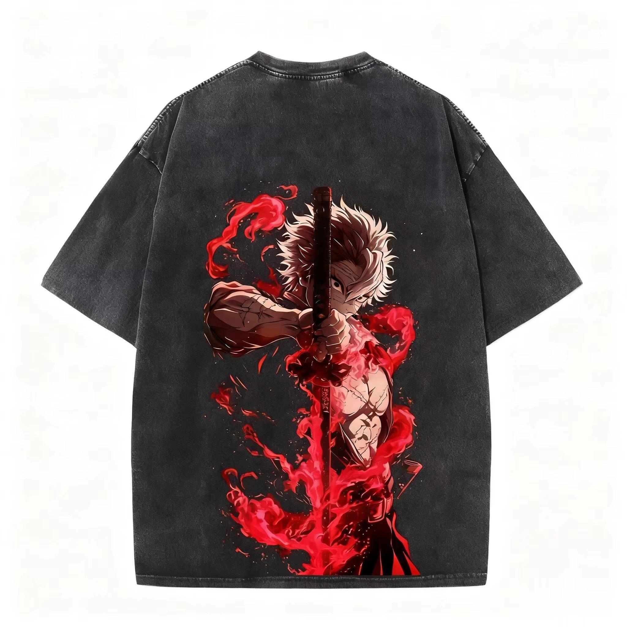 

Japanese Anime Demon Slayer Unisexs washed Tshirt Summer New pure cottonOversized pattern Harajuku Loose YK quality shirt 2XL