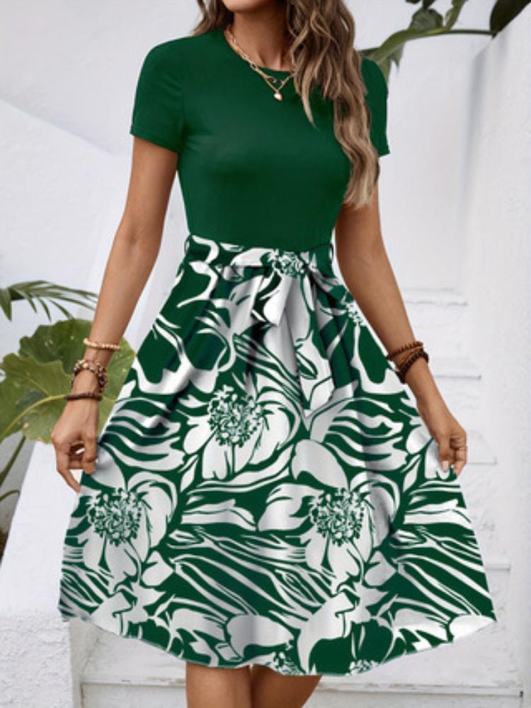 

Women s Floral Print Short Sleeve Dress with Bow Detail, Round Neck A-Line Summer Dress S