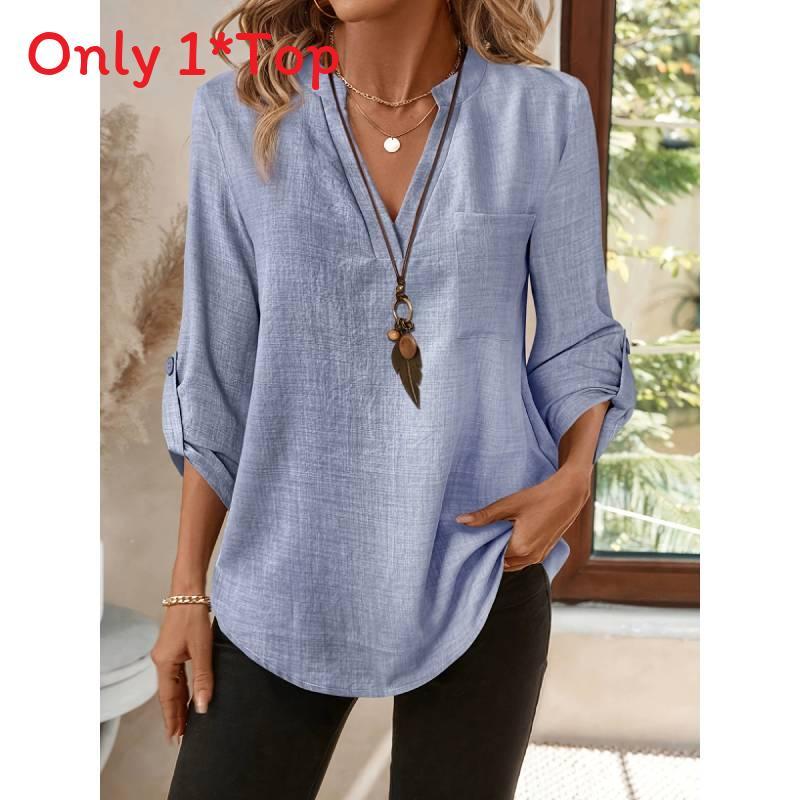 Womens Casual Cotton Linen Blouse With Pockets And Vneck For Summer