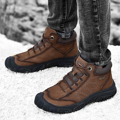 Men's Winter Fleece Lined Casual Shoes with Toe Layer Cowhide Outdoor High Top Large Size Cotton Shoes for Middle-aged and Elderly People