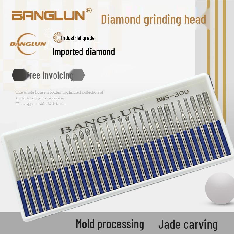 Banglun Diamond 3mm Alloy Grinding Head Set: Jade Carving, Cylindrical, Conical, Ball Needles