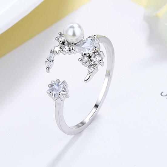 Women Cubic Zirconia Moon Faux Pearl Open Star Finger Ring Adjustable Jewelry
