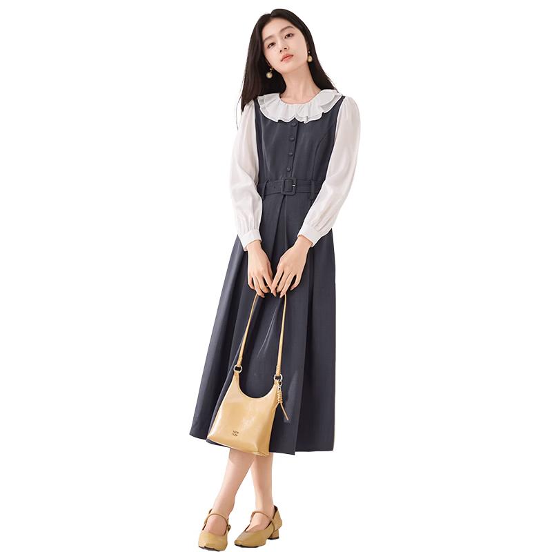 French Style Peter Pan Collar Waist-Cinching Faux Two-Piece Dress S