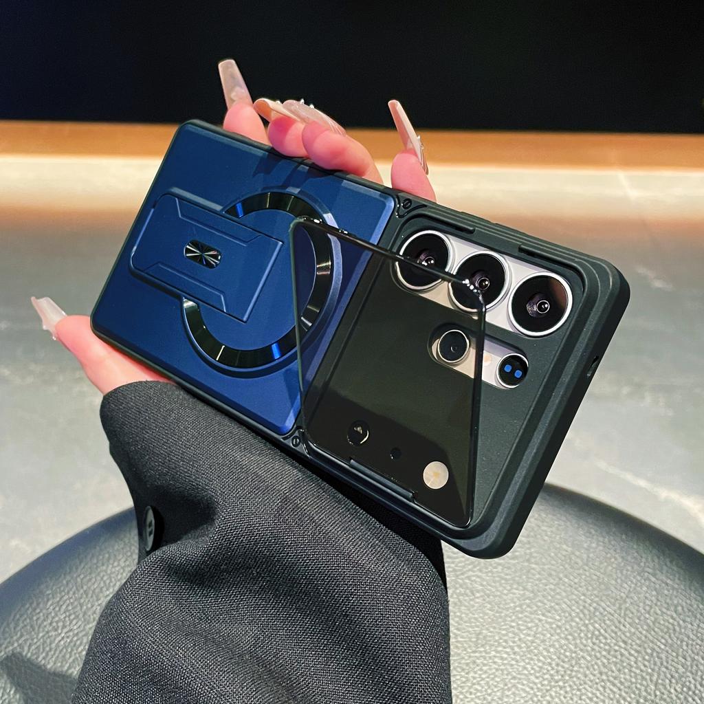 Fold Glass Camera Stand Magnetic Armor Case For Samsung S26 S25 S24 S23 Ultra S25FE A57 A17 A37 A07 A56 A36 For Magsafe Cover