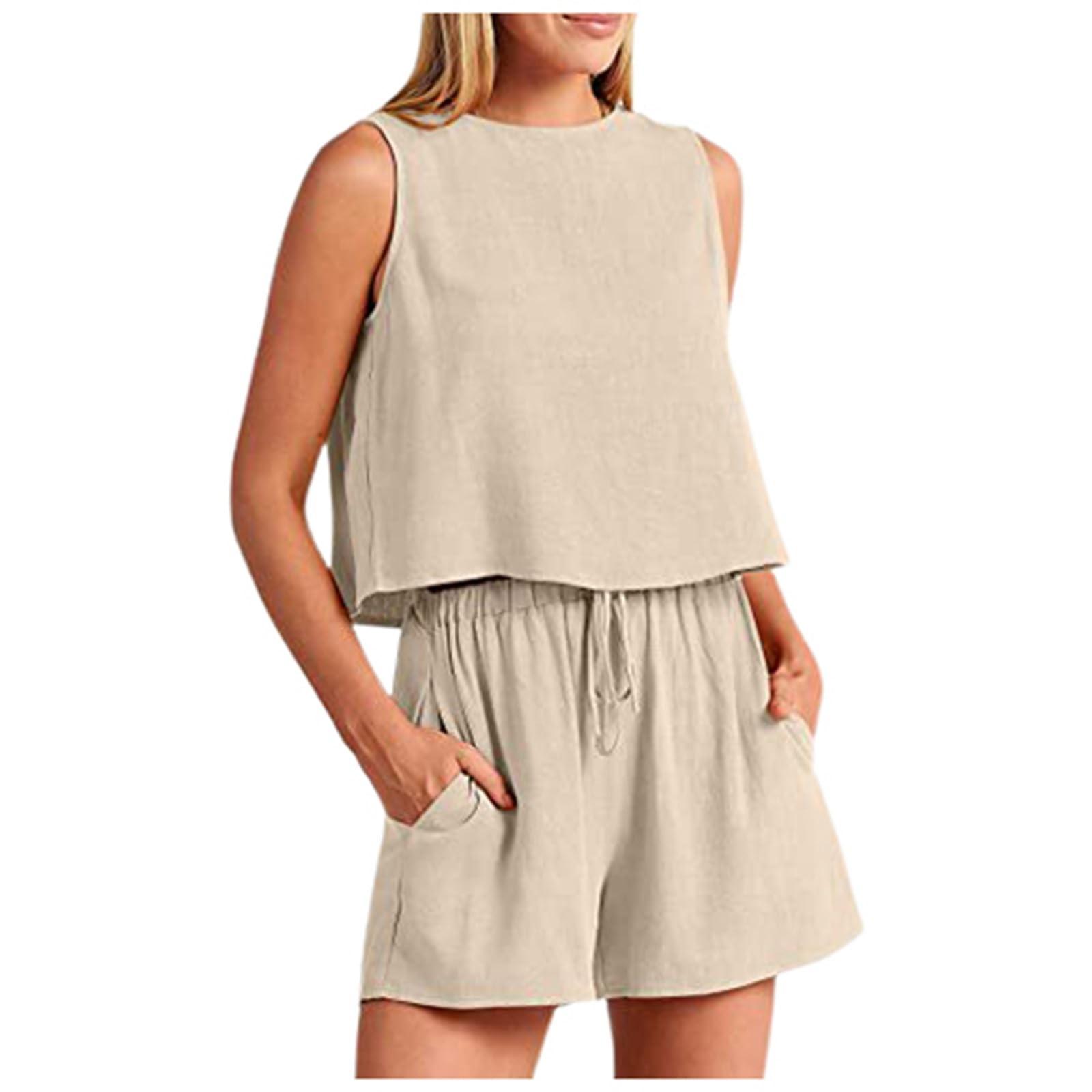

Женский летний льняной костюм из двух предметов без рукавов с круглым вырезом, короткий жилет, повседневные шорты с широкими штанинами M бежевый