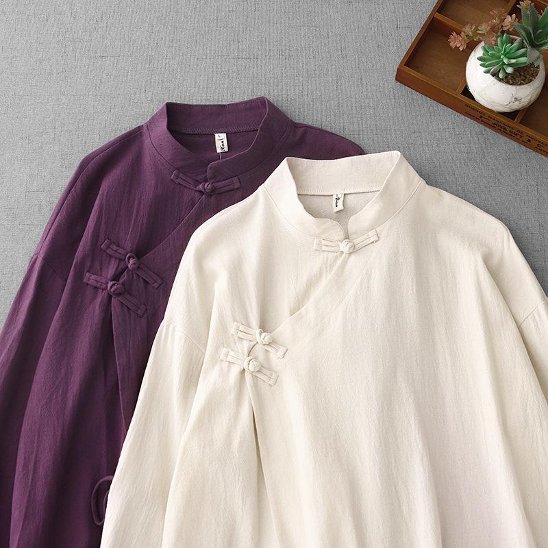 Zen Women's Cotton Linen Robe: Chinese Slant Placket, Long Sleeve, Temple Meditation Wear