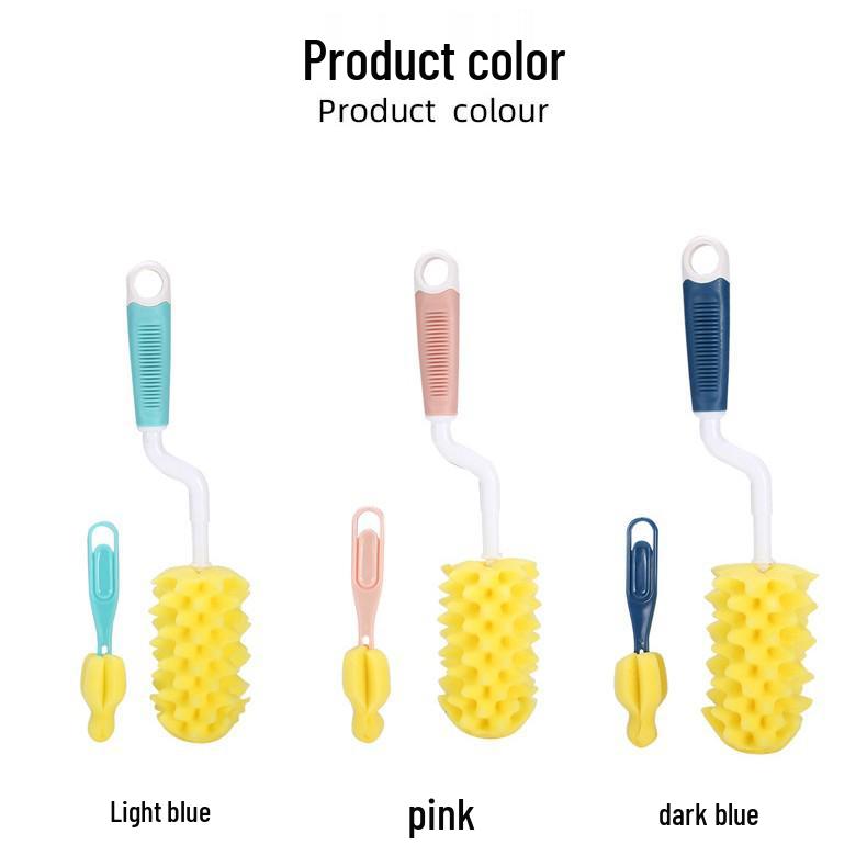 360° Rotating Wide-Neck Baby Bottle Brush with Hangable Long Handle & Multifunctional Sponge Two-Piece Set in Blister Packaging
