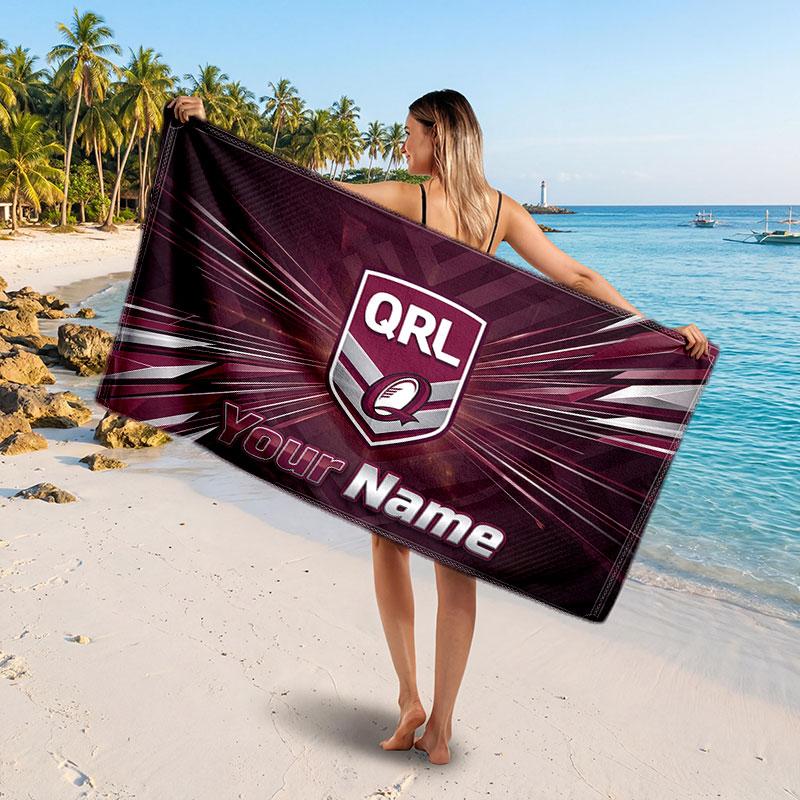 Queensland Maroons Customized Name Text Beach Towel, Soft Absorbent Towel Beach Pool Travel Personal Gift