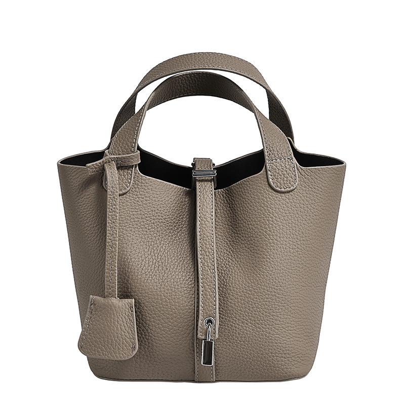 Echte Lederhandtasche, Damenhandtasche aus erster Schicht Rindsleder, lässige Mutter-Kind-Tasche, modische und schlichte Tasche aus Rindsleder mit Litschi-Muster, ein Stück