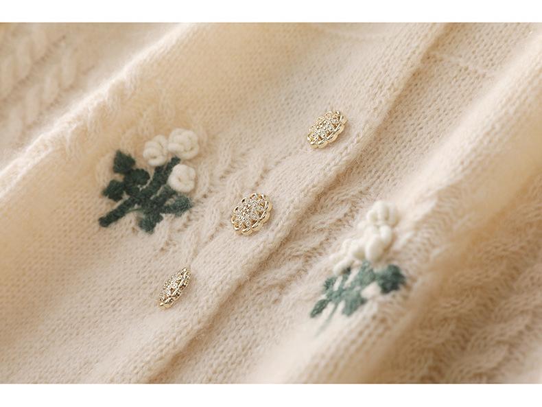 Korean Style High-Design Embroidered Wool Cardigan, Crew Neck, Long Sleeve Knitwear for Spring & Autumn