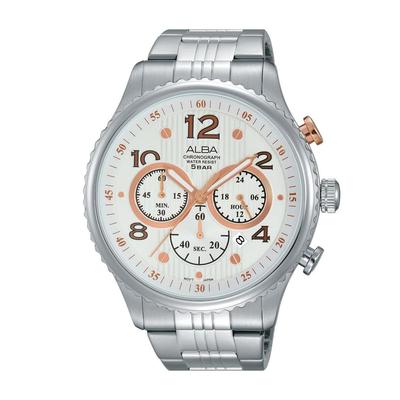 SEIKO ALBA AT3859X1 Chronograph Quartz Business Analog Date Calendar White Rose Gold Silver Stainless Steel Bracelet Men's
