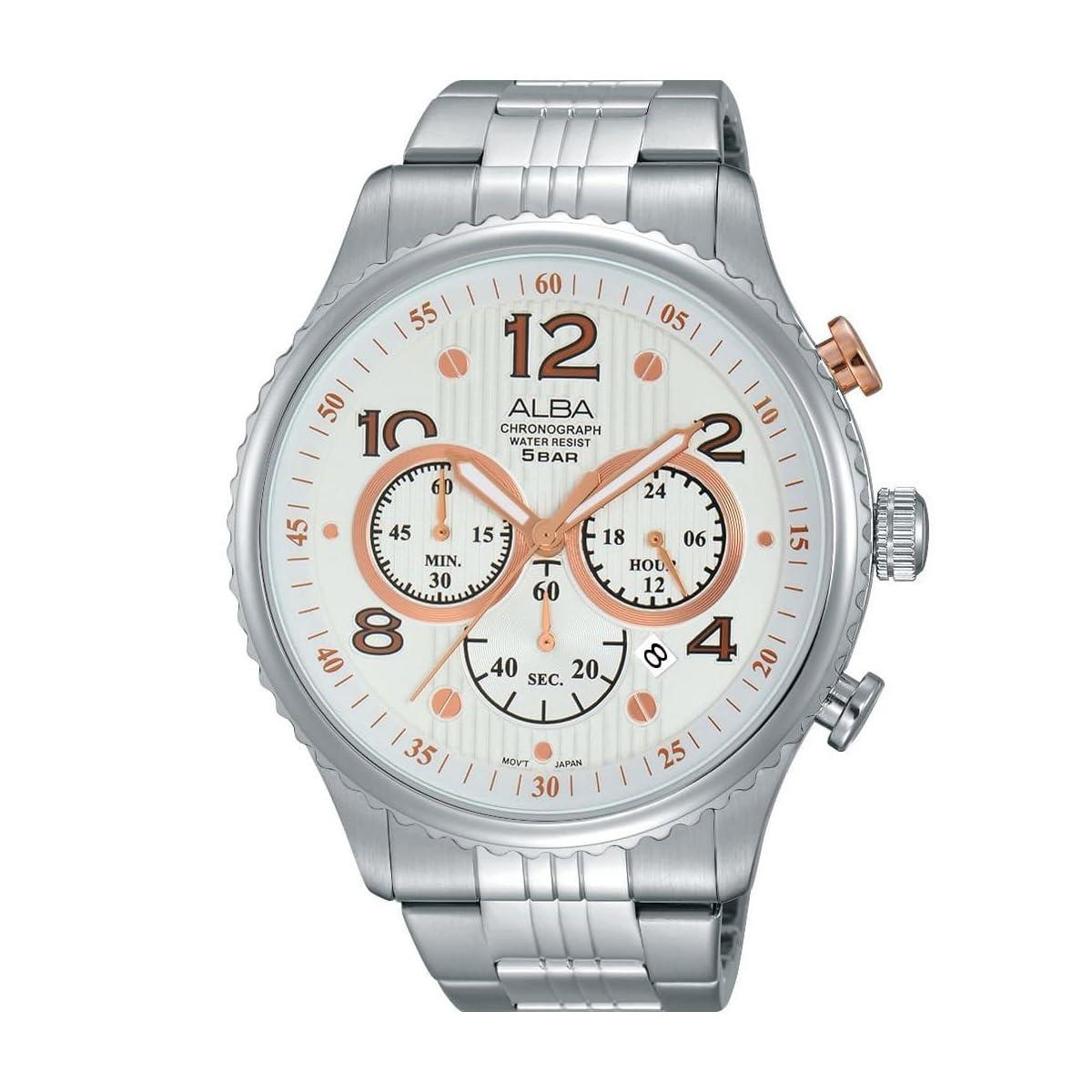 

SEIKO ALBA AT3859X1 Chronograph Quartz Business Analog Date Calendar White Rose Gold Silver Stainless Steel Bracelet Men s белый