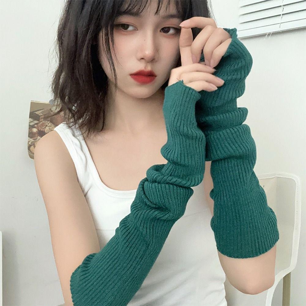 1 Pair Women Long Fingerless Gloves Winter Soft Knitted Warm Arm Sleeve Punk Gothic Fashion Casual Soft Mitten
