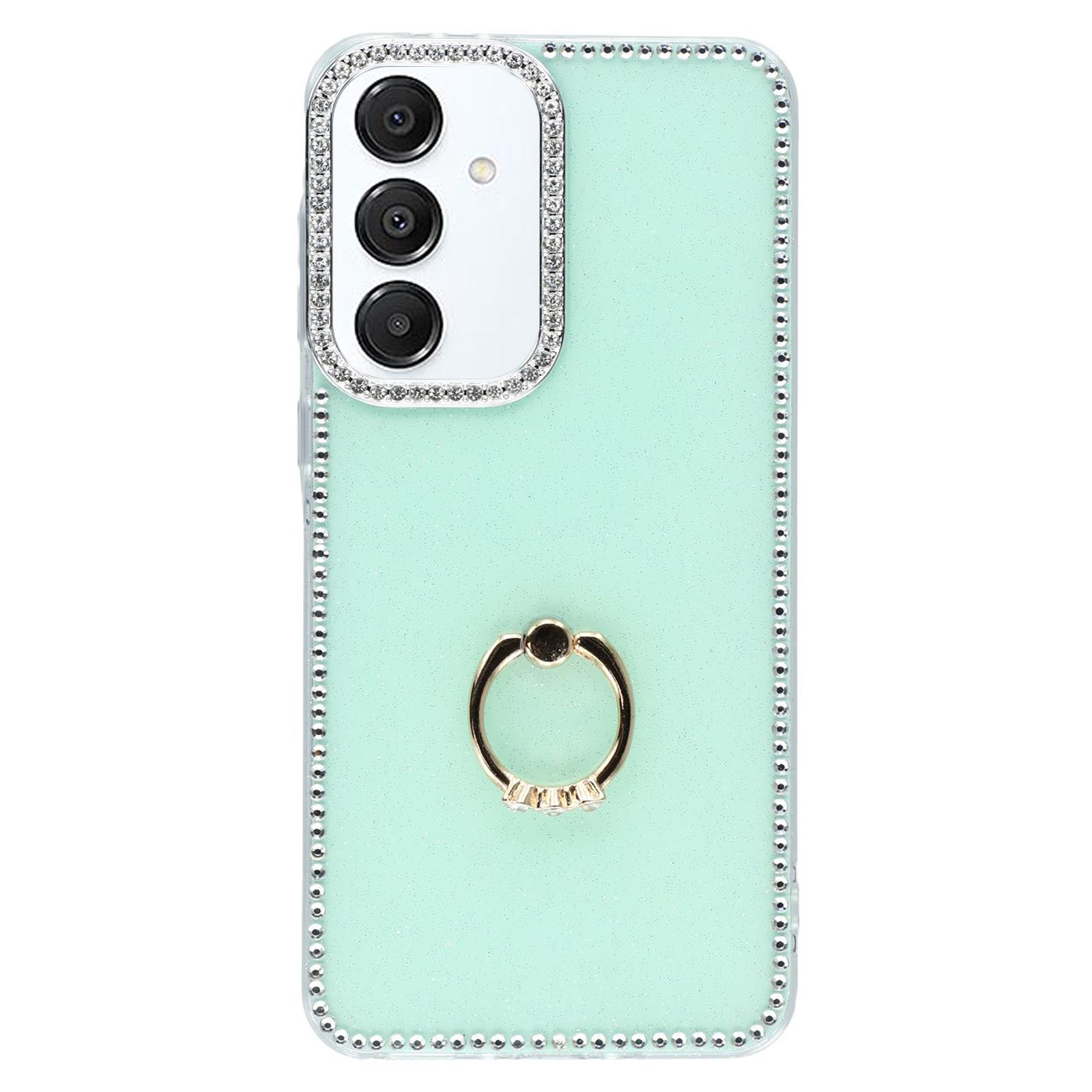 

For Samsung Galaxy S25/S24 Case with Ring Kickstand Rhinestone Edge TPU+PC IMD Phone Cover Glitter Light Green