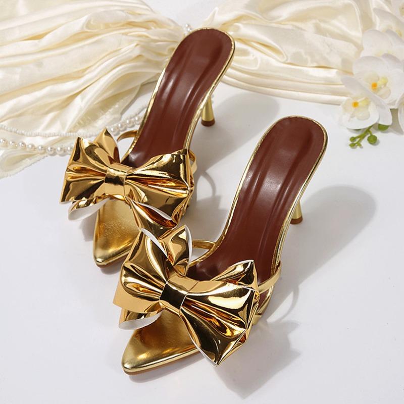 Women's Summer Pointed-Toe Stiletto Slide Sandals With Bow Detail, Fashionable High-Heel Footwear, Available In Large Sizes.