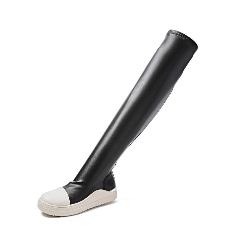 Womens Over-the-Knee Stretch Boots Size 44 Wide Fit Flat Heel PU Leather Round Toe Warm All-Season